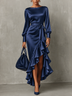 Navy Blue Satin Lantern-sleeved Asymmetrical Ruffle Maxi Dress
