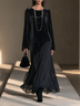 Black Velvet Lantern Sleeve Chiffon Patchwork Asymmetrical Maxi Dress