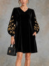 Black Velvet V-neck Mini Dress With Gold Floral Embroidery