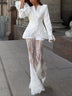White Lace Trim Peplum Blazer & Sheer Lace Flared Pants Two-piece Set