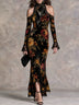 Vintage Velvet Off-shoulder High-neck Lace-trimmed Floral Maxi Dress