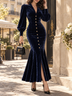Navy Blue Velvet Lapel Puff Sleeve Gold Button Fishtail Slit Maxi Dress