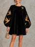 Black Gold Crane Embroidered Velvet Round Neck Puff Sleeve Mini Dress