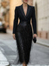 Black Blazer Bodice Sequin Fringe Midi Dress