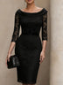 Black Satin-Collar Off-Shoulder Midi Dress with Lace Detail