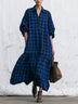 Blue Plaid Relaxed-Fit Tiered Maxi Shirt Dress