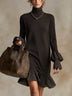 Black Knitted Polka Dot Turtleneck Layered Ruffle Mini Dress