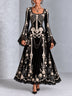 Gothic Halloween Skull Rose Print Lace Flared Sleeve Maxi Dress
