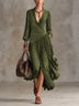 Olive Green Wrap-around V-neck Lantern-sleeved Pleated Maxi Dress