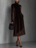 Chocolate Brown Velvet Turtleneck Lace-Trim Midi Dress