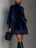 Midnight Navy Velvet Turtleneck Lace-Trim Mini Dress