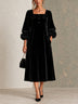 Black Velvet Square Neckline Midi Dress With Floral Buttons And Striking Floral Cuffs