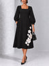Black Square-neck Puff-sleeve Midi Dress With Striking White Floral Appliqués