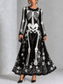 Gothic Black And White Skull And Rose Print Long-sleeved Halloween Maxi Dress