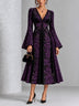 Gothic Purple Floral Print Velvet Bell Sleeve Midi Dress