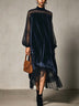 Navy Velvet Midi Dress With Sheer Lace Yoke And Tiered Chiffon Hem