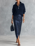 Navy Blue Ribbed Knit Polo Shirt And Sequined Midi Skirt Two-piece Set