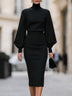 Black Mock-Neck Bishop-Sleeve Tailored Midi Dress