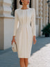White Elegant Round Neck Long-sleeved Pleated Midi Dress