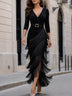 Black V-neck Fringe Tier Wrap-Style Maxi Dress(with belt)