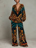 Bohemian Baroque Print V Neck Balloon Sleeve Blouse And Wide-Leg Pant Set