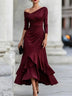 Black Off Shoulder Asymmetrical Draped Midi Dress