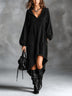 Black Hooded V-neck Drawstring Lantern Sleeve Asymmetrical Frayed Hem Loose Casual Midi Dress