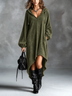 Olive Green Hooded V-neck Drawstring Lantern Sleeve Asymmetrical Frayed Hem Loose Casual Midi Dress