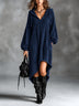 Navy Hooded V-neck Drawstring Lantern Sleeve Asymmetrical Frayed Hem Loose Casual Midi Dress