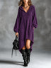 Purple Hooded V-neck Drawstring Lantern Sleeve Asymmetrical Frayed Hem Loose Casual Midi Dress