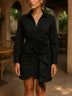 Black Shirt Mini Dress With 3D Floral Wrap And Asymmetrical Ruffled Hem