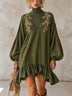 Olive Green Ribbed Turtleneck Ruffled Gold Floral Embroidery Lantern Sleeve Mini Dress