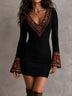 Black Ribbed Retro Ethnic Print Trim Flared Sleeve Mini Dress
