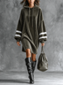Army Green Velvet Hooded Long Lantern Sleeve Loose Midi Dress