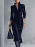 Navy Blue Velvet V-neck Midi Dress With Gold Buttons