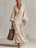 Ivory White Textured Lantern Sleeve Pleated Loose Layered Maxi Dress