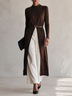 Brown Ribbed Knit Long Slit Top And White Wide-leg Pants Set (with belt)