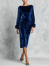 Navy Blue Velvet Boat Neck Midi Dress With Striking Faux Fur Cuffs