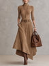 Brown Stretch Turtleneck Top And Asymmetrical Faux Suede Skirt Set (with belt)