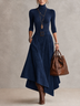 Navy Stretch Turtleneck Top And Asymmetrical Faux Suede Skirt Set (with belt)