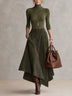 Olive Green Stretch Turtleneck Top And Asymmetrical Faux Suede Skirt Set (with belt)
