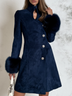 Navy Blue Faux Suede Coat Mini Dress With Faux Fur Cuffs