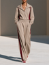 Beige & Burgundy Color Block Zip Sweatshirt Wide Leg Pants Suit
