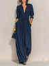 Navy Blue Pleated V-neck Long Dress