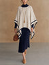 Navy And Cream Turtleneck Ribbed Poncho Overlay Midi Dress