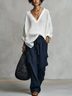 White V-neck Linen Blouse & Navy Wide Leg Pants Two Piece Set