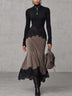 Black Turtleneck Lace Trim Top & Taupe Asymmetric Lace Hem Mermaid Skirt Two Piece Set