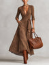 Brown Deep V-neck Wrap Top And Flowing Lace-trimmed A-line Skirt Set