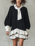 Black White Tie-neck Mini Shirt Dress With Ruffled Layered Hem