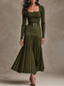 Olive Green Square Neck Ribbed Knit Top & Pleated Midi Skirt Two Piece Set(with Belt)